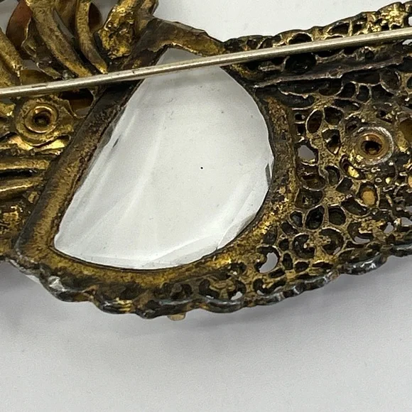 Antique Crystal Brass Faceted Glass Floral Huge Cornucopia Brooch Rare Statement
